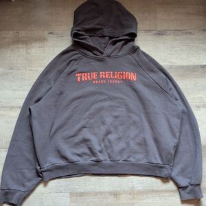 True Religion Charcoal Logo Pullover Hoodie XL Red Lettering